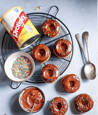 Eggless Vanilla Donuts with Dark Chocolate Glaze with protinex